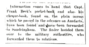 The small report in the Lynn News detailing that items of Captain Frank Beck's property were found on the battlefield.