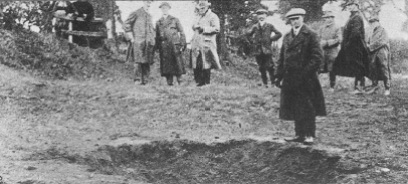The crater near the church at Snettisham, the explosion of which blew out many of the church’s windows